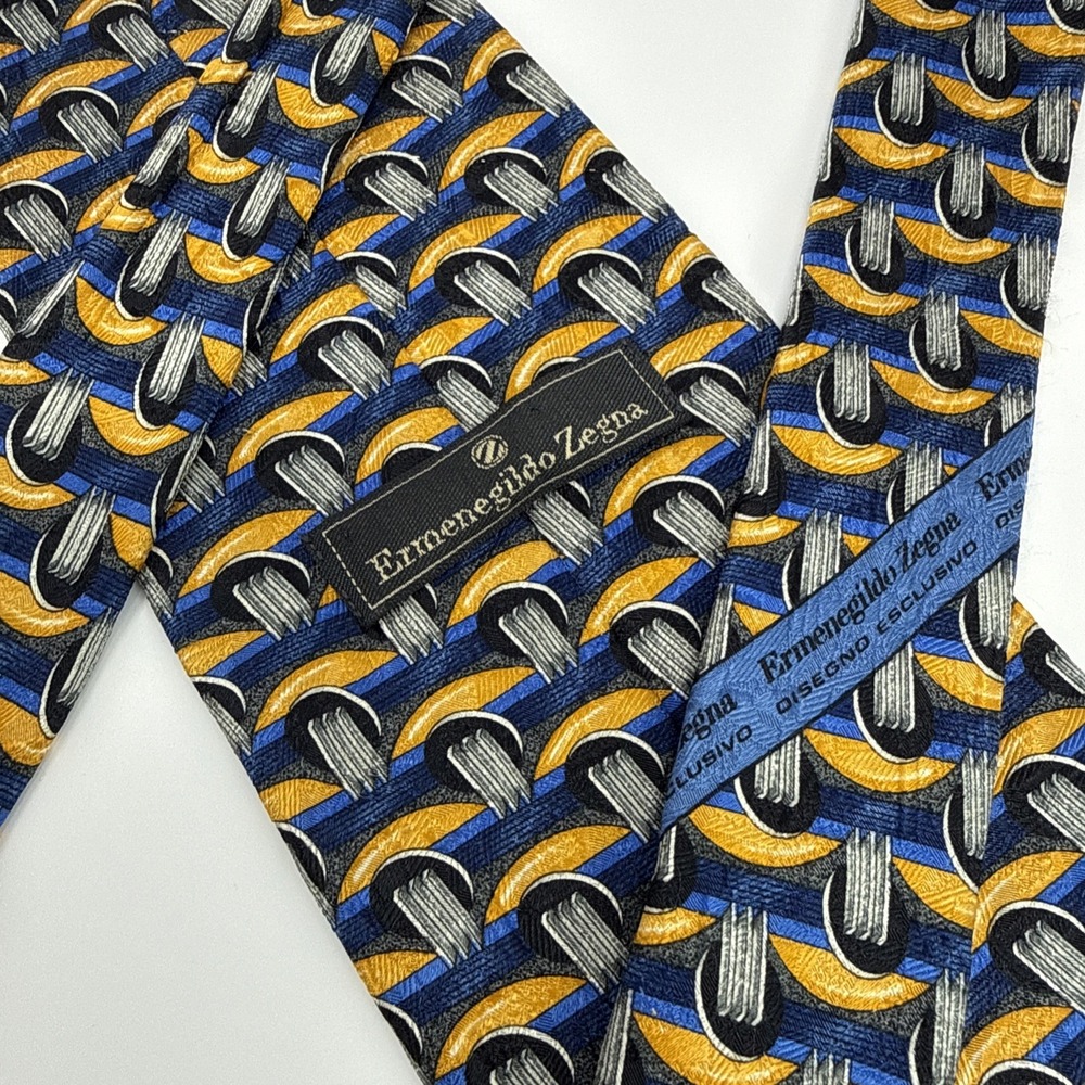 Ermenegildo Zegna Mens Silk Tie Blue Gold Geometric Made in Italy Accessory